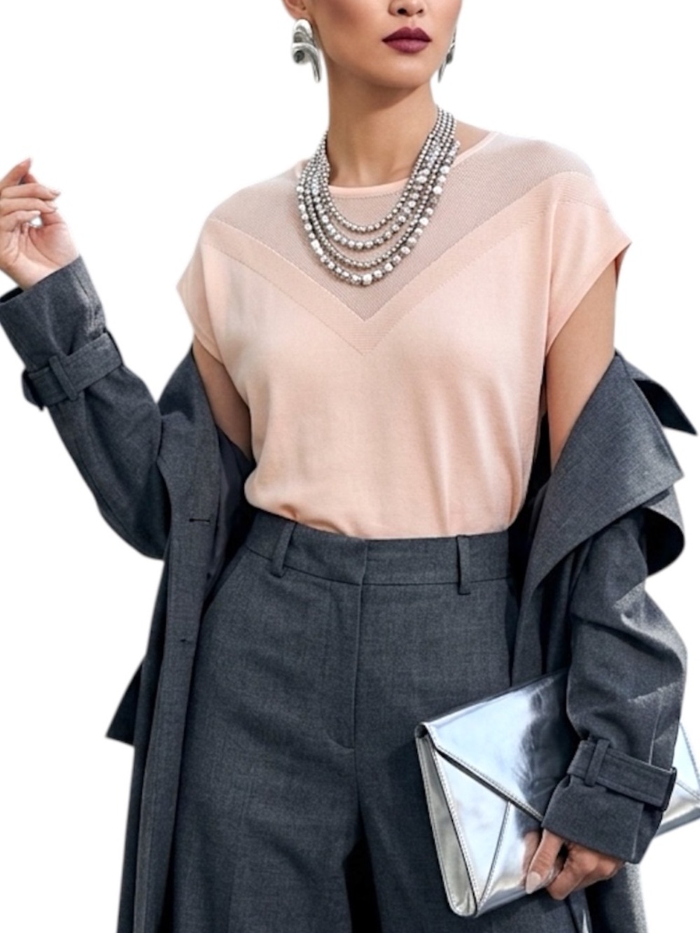 GIGUE Belgian quiet luxury peach chevron illusion neckline fine knit top EU 42